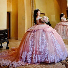 Load image into Gallery viewer, Gorgeous Sweet 16 Pink Quinceanera Dresses With White Applique Sheer Neck Ball Gown Prom Dress Tulle Tiered Masquerade Gowns