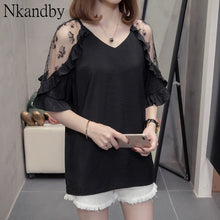 Load image into Gallery viewer, Plus Size Lace Patchwork V neck Tops Woman Summer Loose Ruffles Short Sleeve Office Lady Blouses Oversize Korean Style Shirts