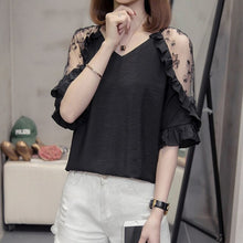Load image into Gallery viewer, Plus Size Lace Patchwork V neck Tops Woman Summer Loose Ruffles Short Sleeve Office Lady Blouses Oversize Korean Style Shirts