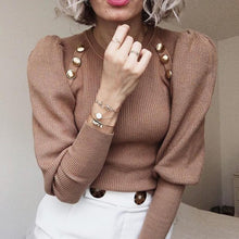 Load image into Gallery viewer, O-neck Button Shoulder Knitted Sweater Women Solid Long Sleeve Pullovers Jumper Knitted Winter 2019 Elegant Puff Sleeve Tops