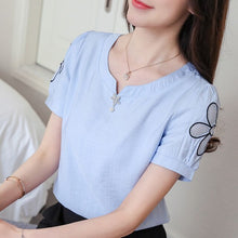 Load image into Gallery viewer, COIGARSAM Fashion Short Sleeve blouse women New Summer Cotton Linen blusas womens tops and blouses White Pink Blue 8111