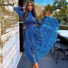 Load image into Gallery viewer, Turtleneck Neck Plaid Dress Catwalk Women Summer Long Sleeve Hollow Out Waist Maxi Long Dress Female Chiffon Vestidos Femme