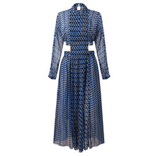 Load image into Gallery viewer, Turtleneck Neck Plaid Dress Catwalk Women Summer Long Sleeve Hollow Out Waist Maxi Long Dress Female Chiffon Vestidos Femme
