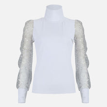 Load image into Gallery viewer, Sequined Mesh Women Blouse Kinitted Patchwork Turtleneck Slim Puff Long Sleeve Blouses Female Spring 2020 Summer Female Tops