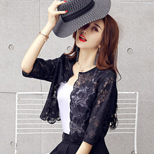 Load image into Gallery viewer, Women Lace Summer Short Cardigan Feminino Sunscreen Blouse 2020 Elegant O-neck Hollow Out Shirts Tops Plus Size 3XL