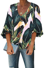 Load image into Gallery viewer, Leopard Print Button Down Women's Blouse Shirt Fashion Mustard Sweet Osmanthus/Green Tropical Leaf Print Casual Summer Blouse