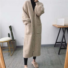 Load image into Gallery viewer, Women Autumn winter V Neck Long wool Sweater coat Single Breasted Long Sleeve Knitted Cardigan pockets Pull Femme Plus Size
