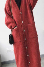 Load image into Gallery viewer, Women Autumn winter V Neck Long wool Sweater coat Single Breasted Long Sleeve Knitted Cardigan pockets Pull Femme Plus Size
