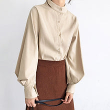 Load image into Gallery viewer, Big Lantern Sleeve Blouse Women Autumn Winter Single Breasted Stand Collar Shirts Office Work Blouse Solid Vintage Blouse Shirts
