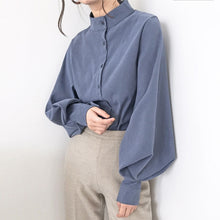 Load image into Gallery viewer, Big Lantern Sleeve Blouse Women Autumn Winter Single Breasted Stand Collar Shirts Office Work Blouse Solid Vintage Blouse Shirts
