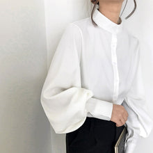 Load image into Gallery viewer, Big Lantern Sleeve Blouse Women Autumn Winter Single Breasted Stand Collar Shirts Office Work Blouse Solid Vintage Blouse Shirts
