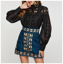 Load image into Gallery viewer, HAMALIEL Runway Designer Lantern Sleeve Blouses 2020 Spring Women Organza Rivet Beaded Embroidery Hollow Out Black Shirt Tops
