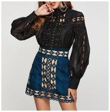 Load image into Gallery viewer, HAMALIEL Runway Designer Lantern Sleeve Blouses 2020 Spring Women Organza Rivet Beaded Embroidery Hollow Out Black Shirt Tops
