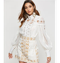 Load image into Gallery viewer, HAMALIEL Runway Designer Lantern Sleeve Blouses 2020 Spring Women Organza Rivet Beaded Embroidery Hollow Out Black Shirt Tops
