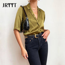 Load image into Gallery viewer, JRYYT Casual Notched Buttons Blouses Women Summer Half Sleeves Solid Shirts Women Elegant Open Stitch Blouses Femme Korean Tops
