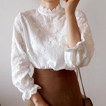 Load image into Gallery viewer, Japan Korean Pure White Blouse Flowers Embroidered Shirt Female 2020 Summer Lace Stand Collar Long Sleeves White Shirt Women
