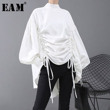 Load image into Gallery viewer, [EAM] Women Back Long Drawstring Big Size Blouse New Satnd Collar Long Sleeve Loose Fit Shirt Fashion Spring Autumn 2020 1N242
