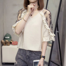 Load image into Gallery viewer, Plus Size Lace Patchwork V neck Tops Woman Summer Loose Ruffles Short Sleeve Office Lady Blouses Oversize Korean Style Shirts
