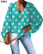 Load image into Gallery viewer, FORUDEGINS Customized Cute Cartoon Nurse Dentist Teeth Pattern Print Women Chiffon Long Sleeves Blouse Lady Cloth bluzki damskie
