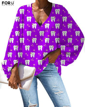 Load image into Gallery viewer, FORUDEGINS Customized Cute Cartoon Nurse Dentist Teeth Pattern Print Women Chiffon Long Sleeves Blouse Lady Cloth bluzki damskie

