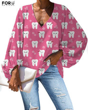 Load image into Gallery viewer, FORUDEGINS Customized Cute Cartoon Nurse Dentist Teeth Pattern Print Women Chiffon Long Sleeves Blouse Lady Cloth bluzki damskie
