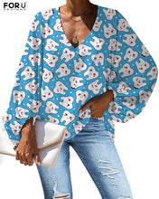 Load image into Gallery viewer, FORUDEGINS Customized Cute Cartoon Nurse Dentist Teeth Pattern Print Women Chiffon Long Sleeves Blouse Lady Cloth bluzki damskie
