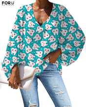 Load image into Gallery viewer, FORUDEGINS Customized Cute Cartoon Nurse Dentist Teeth Pattern Print Women Chiffon Long Sleeves Blouse Lady Cloth bluzki damskie
