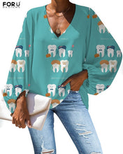 Load image into Gallery viewer, FORUDEGINS Customized Cute Cartoon Nurse Dentist Teeth Pattern Print Women Chiffon Long Sleeves Blouse Lady Cloth bluzki damskie

