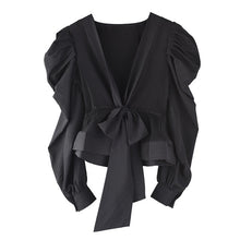 Load image into Gallery viewer, [EAM] Women Black Pleated Bandage Blouse New V-collar Long Sleeve Loose Fit Shirt Fashion Tide Spring Summer 2020 1T92101S
