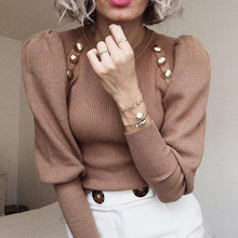 Load image into Gallery viewer, O-neck Button Shoulder Knitted Sweater Women Solid Long Sleeve Pullovers Jumper Knitted Winter 2019 Elegant Puff Sleeve Tops
