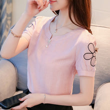 Load image into Gallery viewer, COIGARSAM Fashion Short Sleeve blouse women New Summer Cotton Linen blusas womens tops and blouses White Pink Blue 8111
