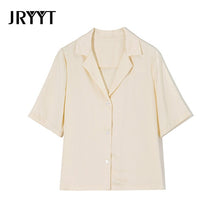 Load image into Gallery viewer, JRYYT Casual Notched Buttons Blouses Women Summer Half Sleeves Solid Shirts Women Elegant Open Stitch Blouses Femme Korean Tops
