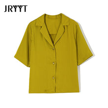 Load image into Gallery viewer, JRYYT Casual Notched Buttons Blouses Women Summer Half Sleeves Solid Shirts Women Elegant Open Stitch Blouses Femme Korean Tops
