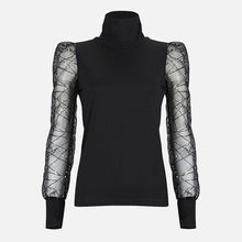 Load image into Gallery viewer, Sequined Mesh Women Blouse Kinitted Patchwork Turtleneck Slim Puff Long Sleeve Blouses Female Spring 2020 Summer Female Tops
