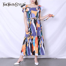 Load image into Gallery viewer, TWOTWINSTYLE Elegant Print Dresses Female O Neck Sleeveless Patchwork Ruffle High Waist Lace Up Hit Color Summer Dress Women New
