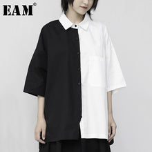 Load image into Gallery viewer, [EAM] Women White Black Contrast Color Big Size Blouse New Lapel Half Sleeve Loose Fit Shirt Fashion Spring Summer 2020 1W755

