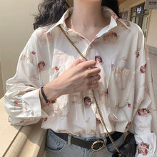 Load image into Gallery viewer, Deeptown Harajuku Angel Print Womens Shirt Vintage Elegant Blouse Women Spring 2020 Lantern Sleeve Female Clothes Loose BF Shirt
