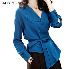 Load image into Gallery viewer, Women's Shirts Imitation Silk Office Lady Satin Blouse 2019 New Long Sleeve Temperament Neck Bow Blue Top Chiffon Shirt

