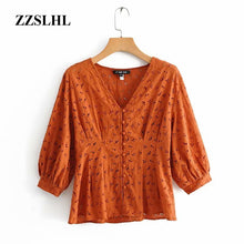 Load image into Gallery viewer, 2019 women vintage v neck hollow out embroidery casual blouse shirts women three quarter sleeve buckles blusas chic tops LS4082
