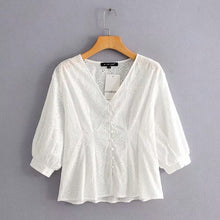 Load image into Gallery viewer, 2019 women vintage v neck hollow out embroidery casual blouse shirts women three quarter sleeve buckles blusas chic tops LS4082
