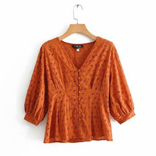Load image into Gallery viewer, 2019 women vintage v neck hollow out embroidery casual blouse shirts women three quarter sleeve buckles blusas chic tops LS4082
