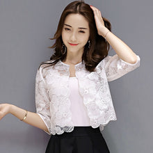 Load image into Gallery viewer, Women Lace Summer Short Cardigan Feminino Sunscreen Blouse 2020 Elegant O-neck Hollow Out Shirts Tops Plus Size 3XL
