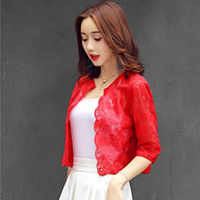Load image into Gallery viewer, Women Lace Summer Short Cardigan Feminino Sunscreen Blouse 2020 Elegant O-neck Hollow Out Shirts Tops Plus Size 3XL
