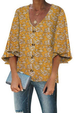 Load image into Gallery viewer, Leopard Print Button Down Women's Blouse Shirt Fashion Mustard Sweet Osmanthus/Green Tropical Leaf Print Casual Summer Blouse

