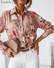 Load image into Gallery viewer, Women Long Sleeve Floral Print Shirt Buttoned Turn Down Collar Office Lady Blouse
