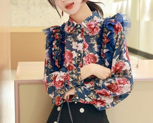 Load image into Gallery viewer, Women Long Sleeve Floral Print Shirt Buttoned Turn Down Collar Office Lady Blouse

